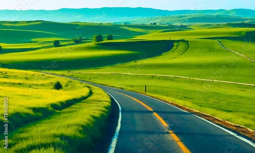 Paved road in retween green grassland. Scenic country road.
