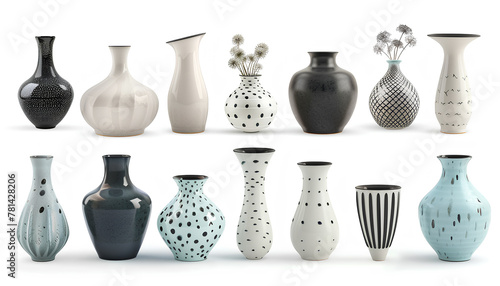 Set of stylish vases on white background