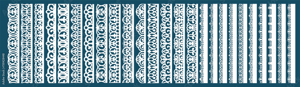 Set of lace pattern brushes. Tracery ribbons isolated on a pink background. Elements for decor scrapbooking wedding invitations and cards. Set of lace pattern brushes. Tracery ribbons isolated on a pink background. Elements for decor scrapbooking wedding invitations and cards.