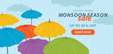 Monsoon season colorful umbrellas sale banner