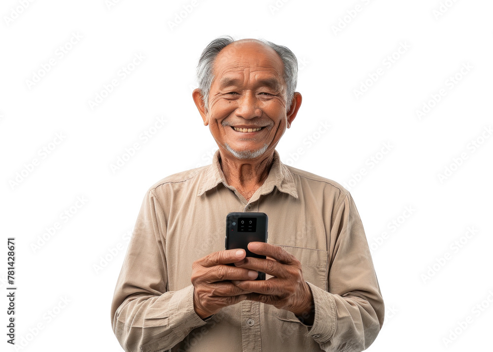 Elderly Asian Man Smiling with Phone Elderly Asian Man Smiling with Phone