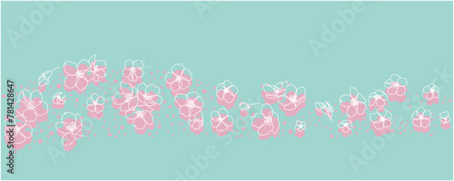 Cherry blossom pattern on blue background. Spring flower pattern background. Vector illustraiton.