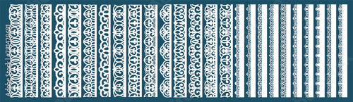 Lace pattern elements. Vintage seamless figured lace borders, beautiful wedding lace decoration. Black lace borders vector illustration set. Seamless black gorgeous stripe, delicate simple pattern
