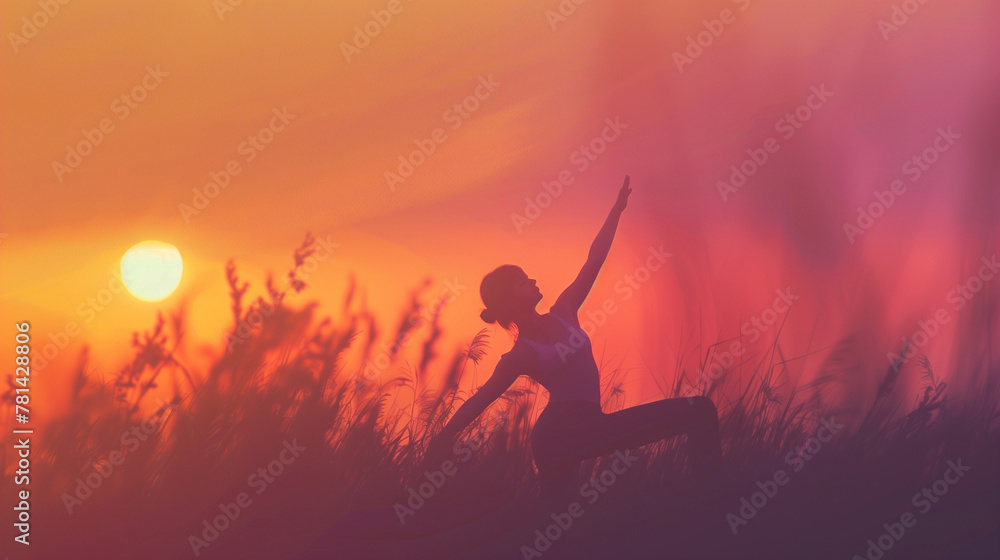 one person performing yoga poses in nature, background gradient of orange and purple