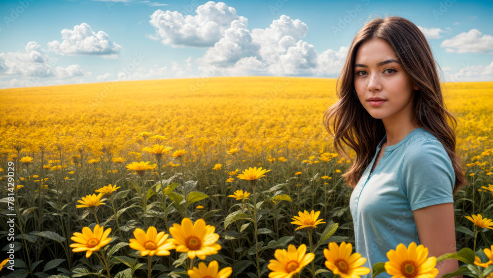 Beautiful woman on the background of a flower field Beautiful woman on the background of a flower field