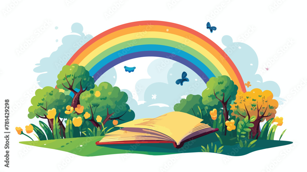 Illustration of a storybook with a rainbow and plan