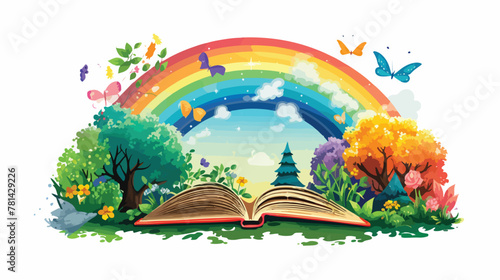 Illustration of a storybook with a rainbow and plan