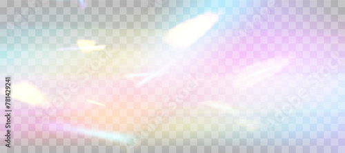 Blurred rainbow refraction overlay effect. Light lens prism effect on transparent background. Holographic reflection, crystal flare leak shadow overlay. Vector abstract illustration
