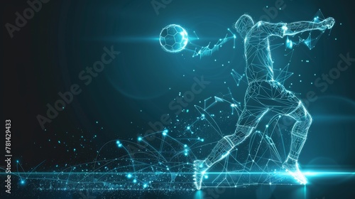 A wireframe soccer player is shooting a ball with a lighting effect