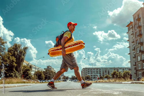 A happy man crosses the street holding a giant hot dog under his arm photo