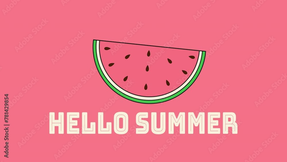 Cartoon Watermelon Slice in Hello Summer Vibes. Rose pink banner video, flickering 'Hello Summer' in creamy white lettering below for seasonal projects, promotion, beach parties, refreshing drinks,
Cartoon Watermelon Slice in Hello Summer Vibes. Rose pink banner video, flickering 'Hello Summer' in creamy white lettering below for seasonal projects, promotion, beach parties, refreshing drinks,