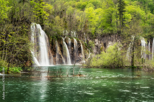 Amazing picture with some of picturesque waterfalls in the green spring forest of Plitvice national park in Croatia. Plitvice lakes closer view..