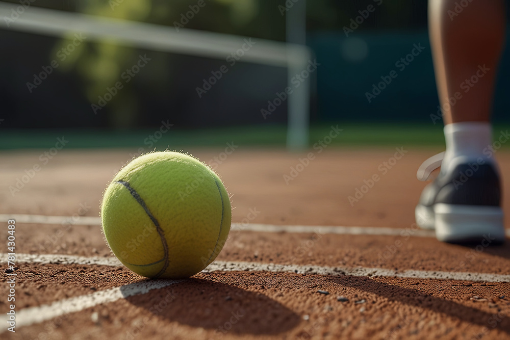 Close-up of a yellow tennis ball and surface. Blurred background of a tennis court. Natural daylight