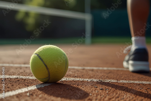 Close-up of a yellow tennis ball and surface. Blurred background of a tennis court. Natural daylight © Coxic25