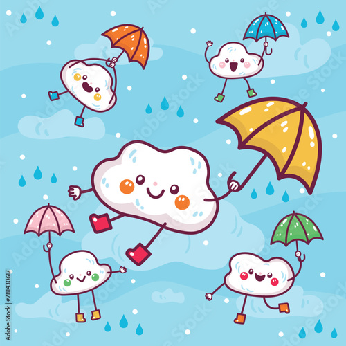 Hand drawn monsoon season illustration with umbrellas