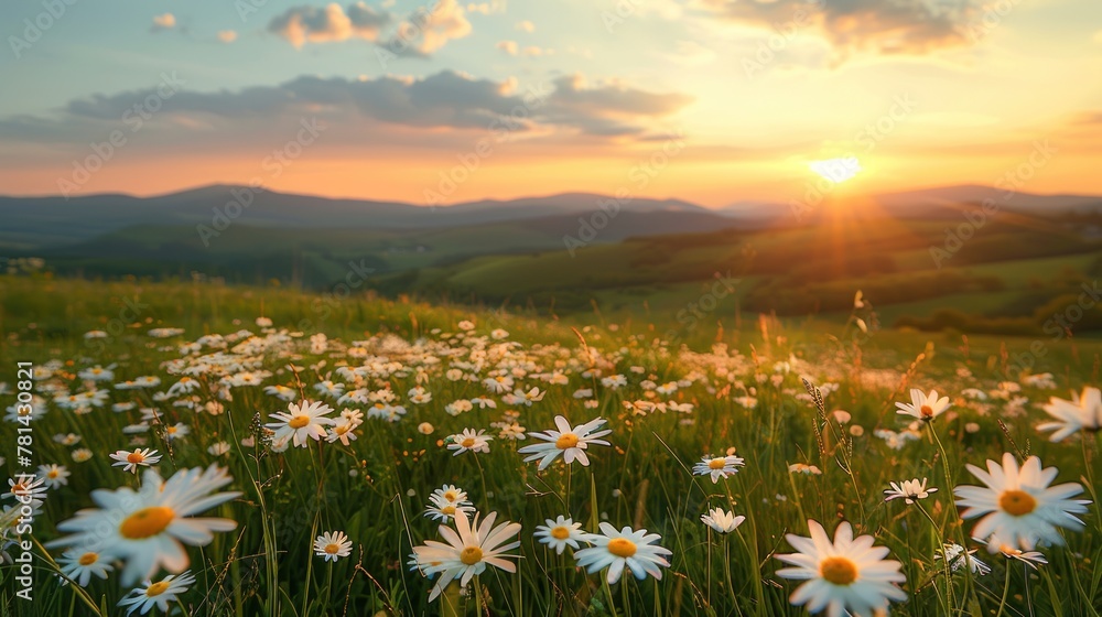 Wild daisies flourishing in a meadow at sunset with rolling hills in the background