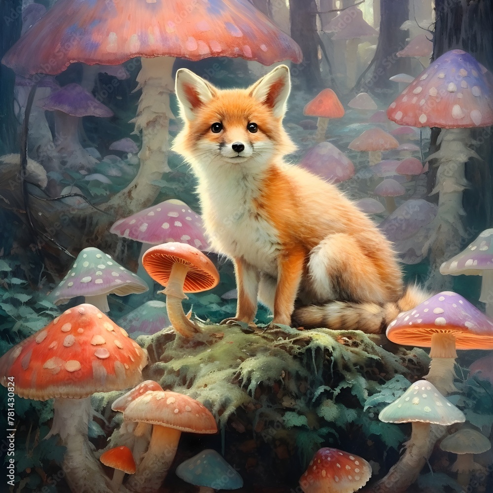 Obraz premium Adorable Baby Fox Shaggy Fur Blending into Vibrant Fish Scales in Twilight Forest Artwork