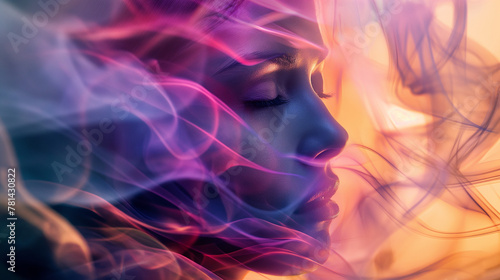 Stylish wallpaper with portrait of a serene woman with flowing hair in neon lighting with colored smoke. Generative AI