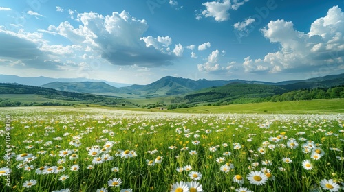 Vibrant green meadow peppered with white daisies under a sunny sky with fluffy clouds