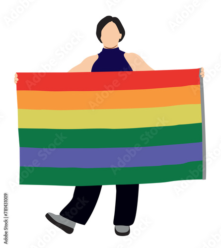 Lgbtq community. Transwoman  holding rainbow flag. Lgbt crowd protest, love and romantic parade concept vector.