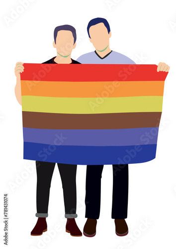 Lgbtq community. Transgender community holding rainbow flag. Two gay holding flag. Lgbt crowd protest, love and romantic parade concept vector.