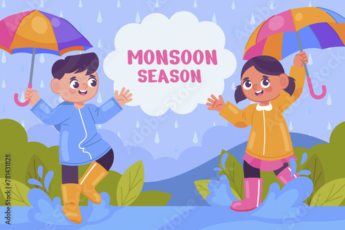 Flat monsoon season background with kids under  umbrellas in the rain