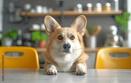 Dog Corgi gets up on white table and looks towards the kitchen area's copy space.