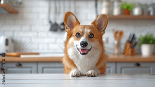 Dog Corgi gets up on white table and looks towards the kitchen area's copy space. © tongpatong