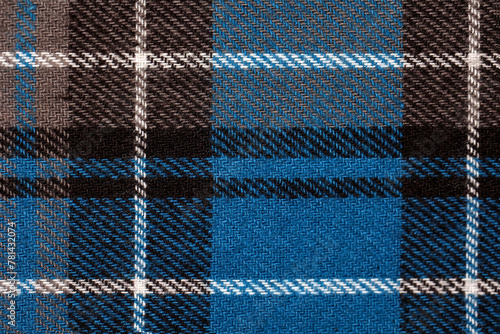 Tartan pattern wool fabric in blue brown and white