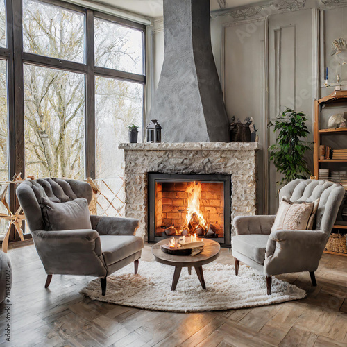 Interior de casa lujosa con chimenea encendida con sillones y grandes ventanales con vistas al jardín