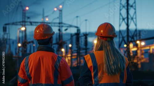 Back view of two engineers on electrical substation in the evening