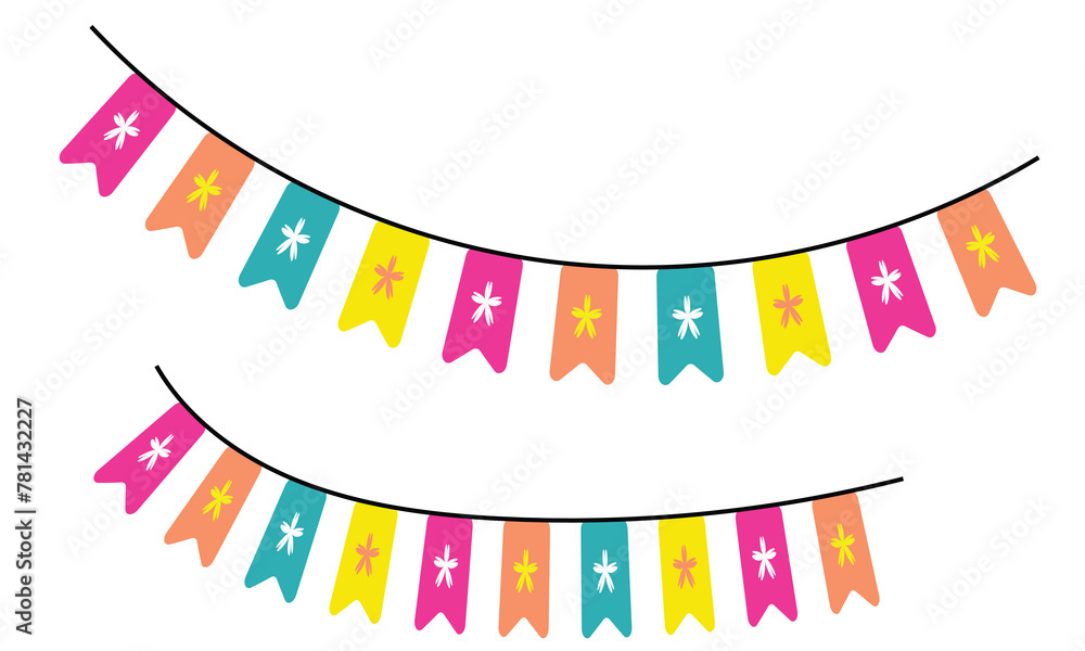 Fototapeta premium Colorful pastel color triangle flag party with rope isolated on white background, decoration element.