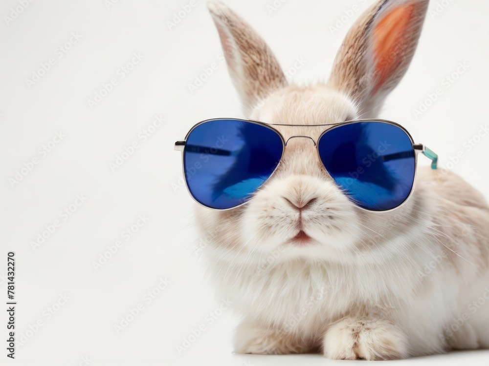 a rabbit wearing sunglasses with a blue lens on it. AI generated