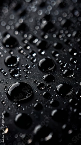 Black background with water drops creating a captivating contrast on a two-dimensional plane. Water drops on a minimalist scene radial gradient.