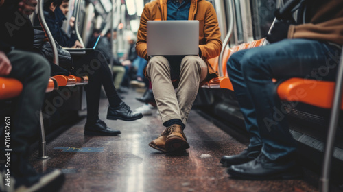 A man is sitting on a train with a laptop open in front of him photo