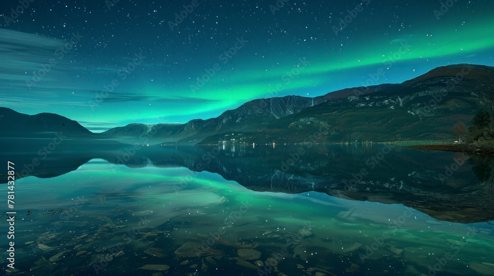 Northern lights seen from a large lake and mountains at night in high resolution