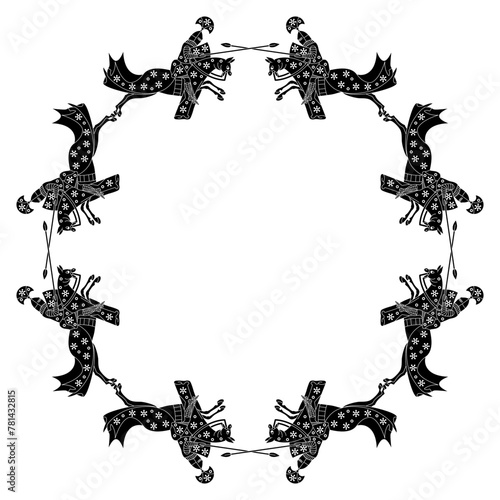Round frame with medieval knights riding horses. Black and white silhouette. 