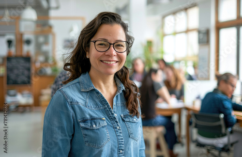 Happy businesswoman standing in an office with her arms crossed and smiling at the camera while colleagues work behind her, wearing a denim shirt and glasses