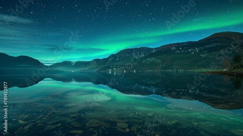Northern lights seen from a large lake and mountains at night in high resolution