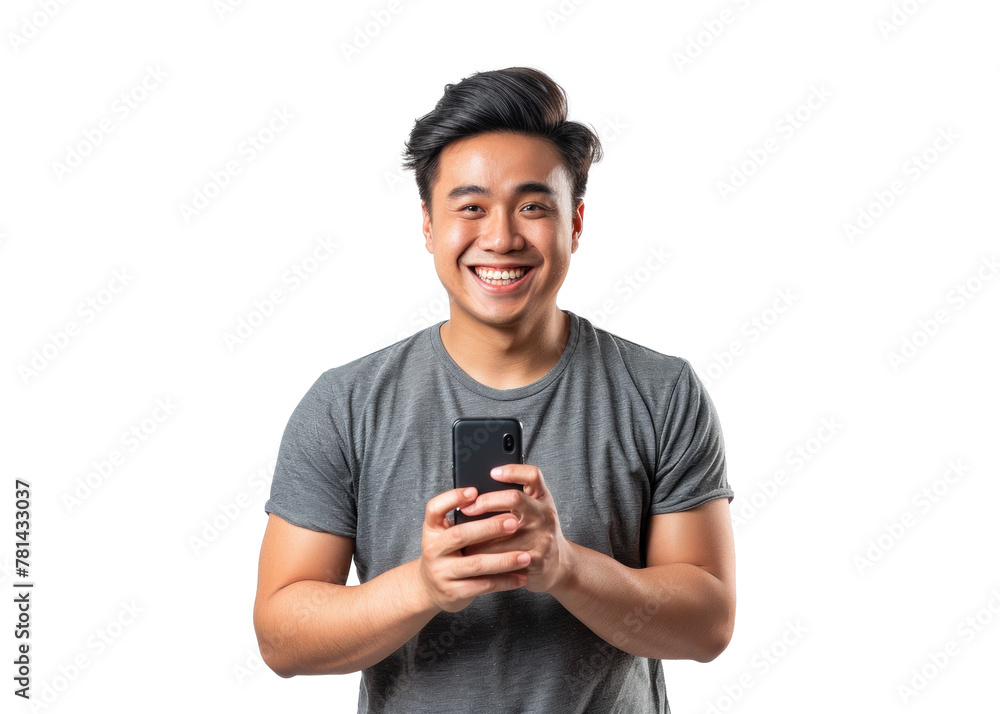 Young Asian Man Smiling with Smartphone Young Asian Man Smiling with Smartphone