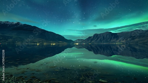 Northern lights seen from a large lake and mountains at night in high resolution and high quality HD