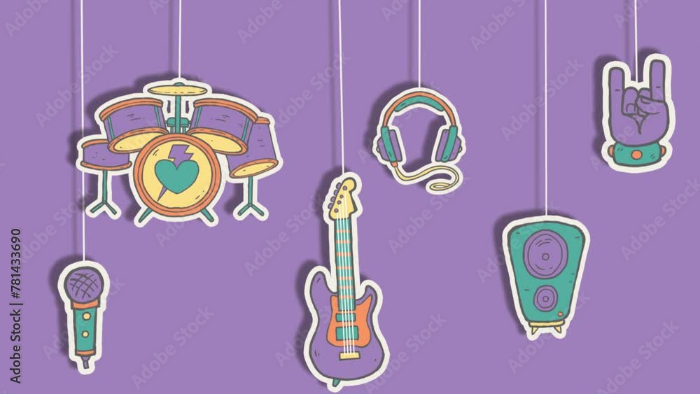 Kids Rock and Roll animated background, with handrawn music elements hanging like a mobile, a guitar, drums, microphone, speaker and headphones. Kids Rock and Roll animated background, with handrawn music elements hanging like a mobile, a guitar, drums, microphone, speaker and headphones.
