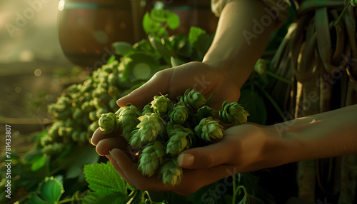 Close up of a woman holding fresh hops in his hands