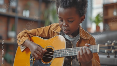 Portrait of a young African American child in music lessons copied space, enjoying an acoustic guitar at home. photo