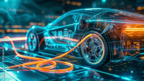In order to charge an electric vehicle EV car, a power cable with the pump was plugged into the car and power was applied on a virtual UI that displayed data about the charging, so that an photo