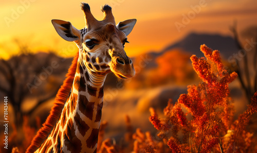Serenade of the Savannah: Graceful Giraffe Amidst Golden Sunset Flora