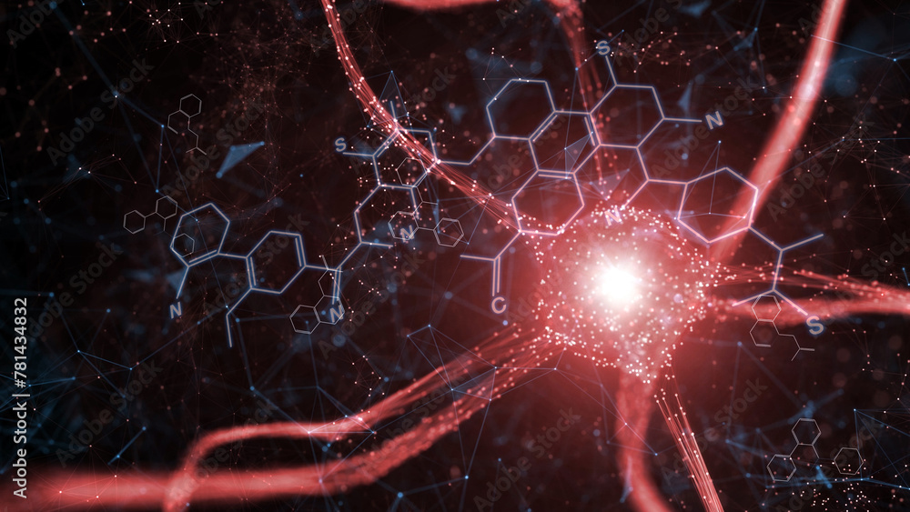 Neuron cell in the brain and abstract chemical bonds illustration background.	