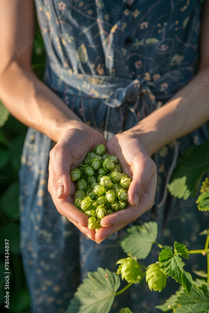 Close up of a woman holding fresh hops in his hands Close up of a woman holding fresh hops in his hands