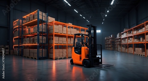 Forklift truck in night warehouse