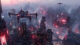 Cyberpunk Cityscape with Drones and Neon Billboards